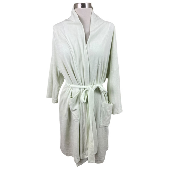 Hanro Switzerland Mint Green Cotton Shawl Collar Robe Size L Luxury Tie Belt - Picture 1 of 4